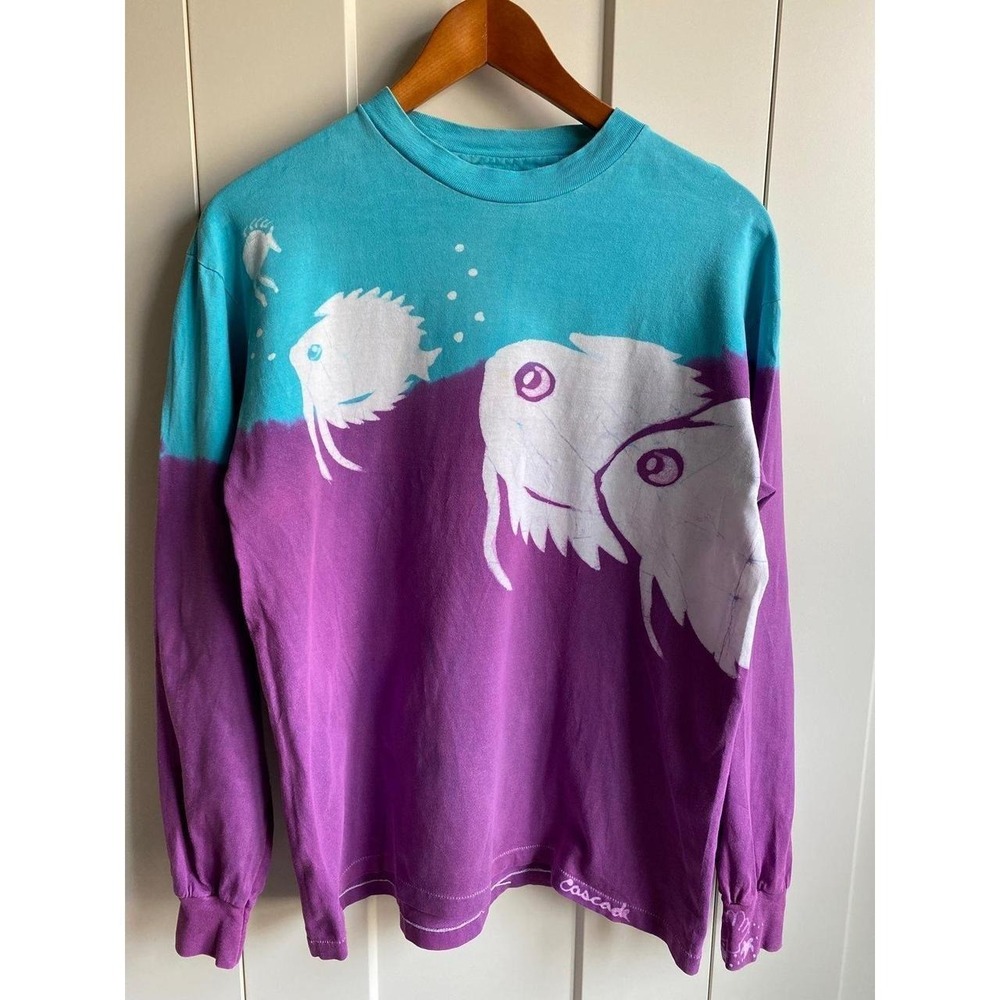 Vintage Fish Tie Dye Water Color Long Sleeve Large Crew Neck Hanes s1